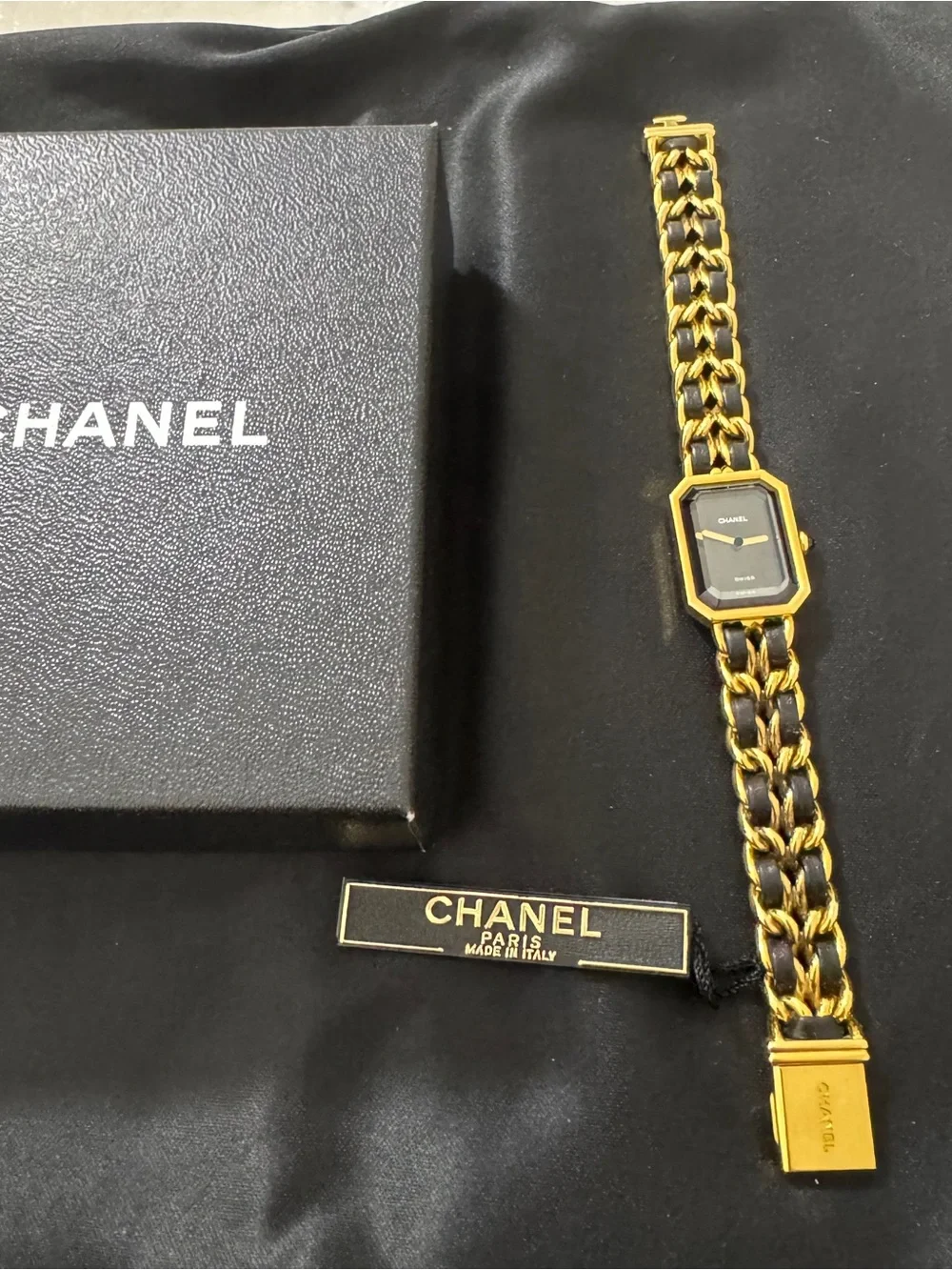 CHANEL Gold and Black Chain-Link Leather-Woven Watch